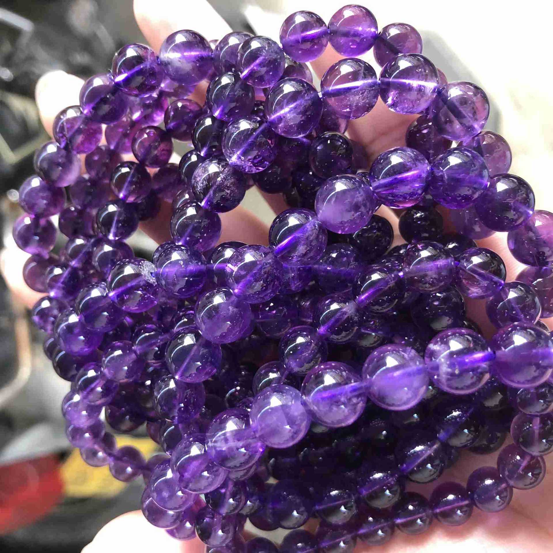 天然紫晶手链晶体通透颜色鲜艳中紫有微棉絮品质可塘水晶厂家直销