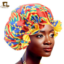 欧美流行非洲印花大花边圆帽 双层色丁睡帽 Ankara bonnet