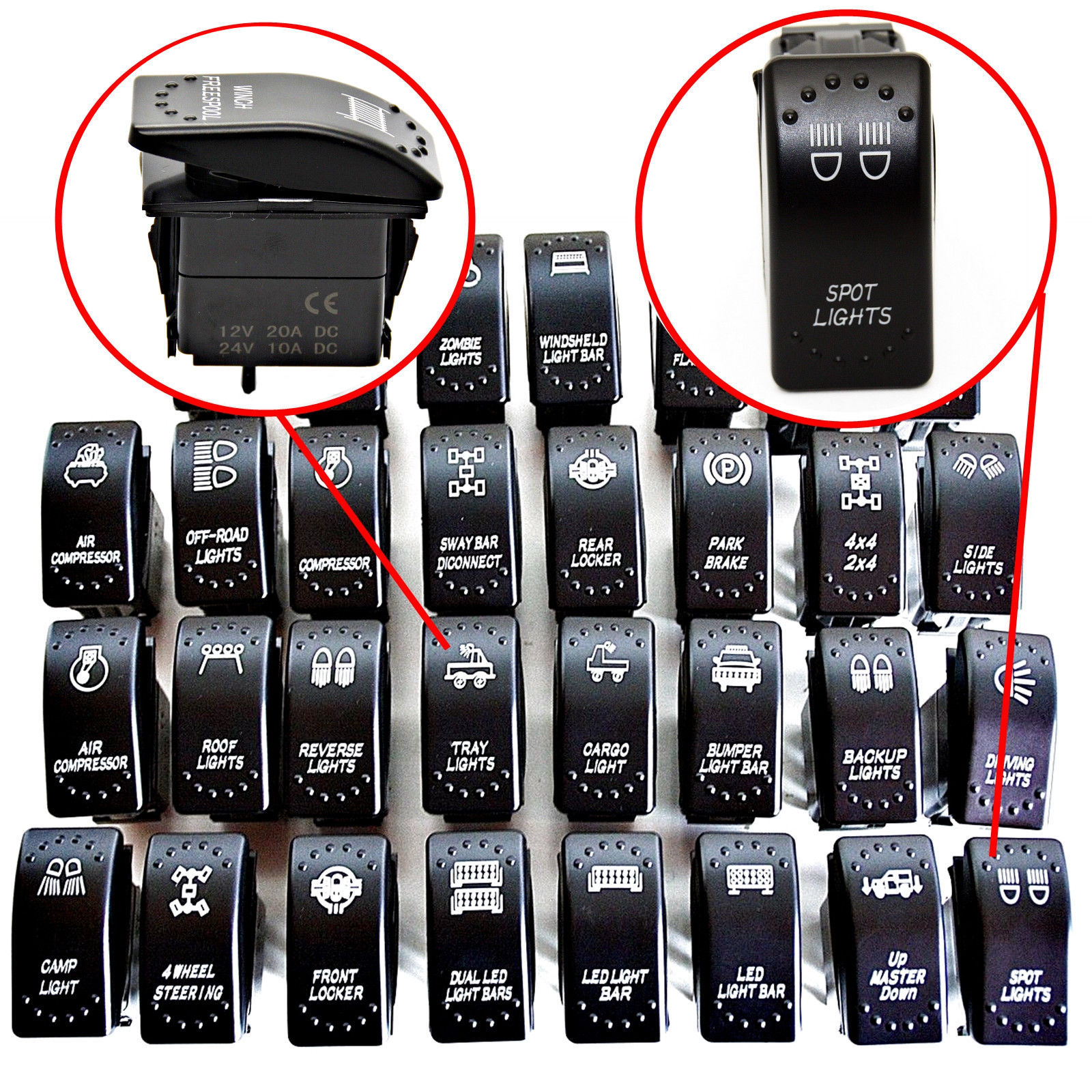 汽车改装开关船形翘板开关5脚 on-off 双蓝/绿/红灯 开关面板供应