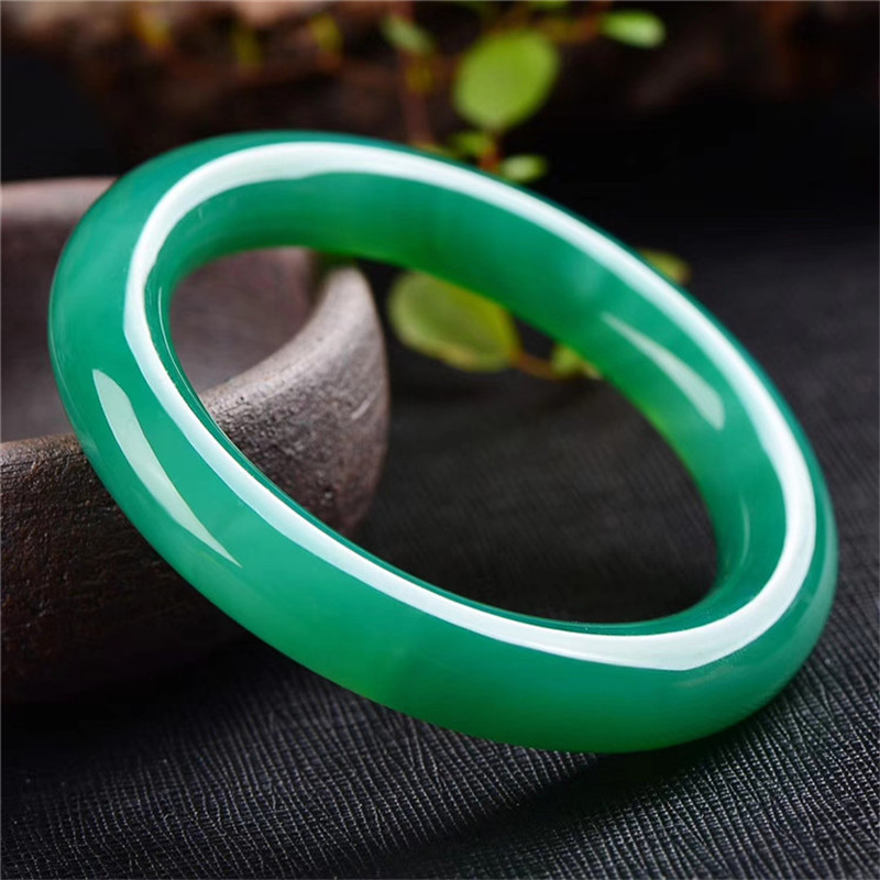 翠绿色玛瑙玉髓手镯细圆条玉镯子少女款玉石手镯手环礼物