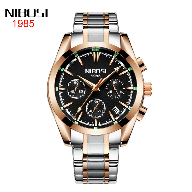 尼伯斯/nibosi休闲时尚精钢学生手表实心钢带3眼6针防水夜光手表