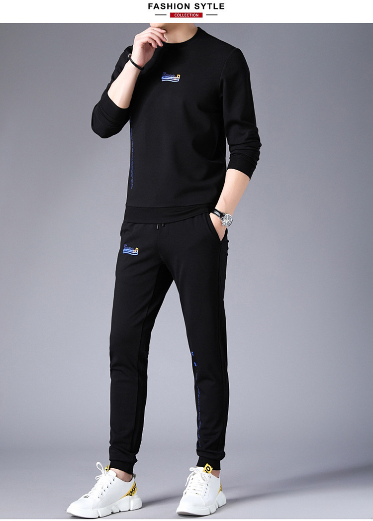 2019春秋新款潮流圆领卫衣套装男士中青年男装时尚宽松休闲两件套