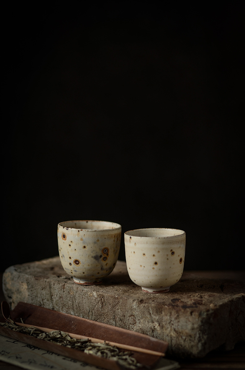 手工粗陶品茗杯陶瓷杯日式建盏小茶杯品杯创意雀翎苏打水杯泡茶杯