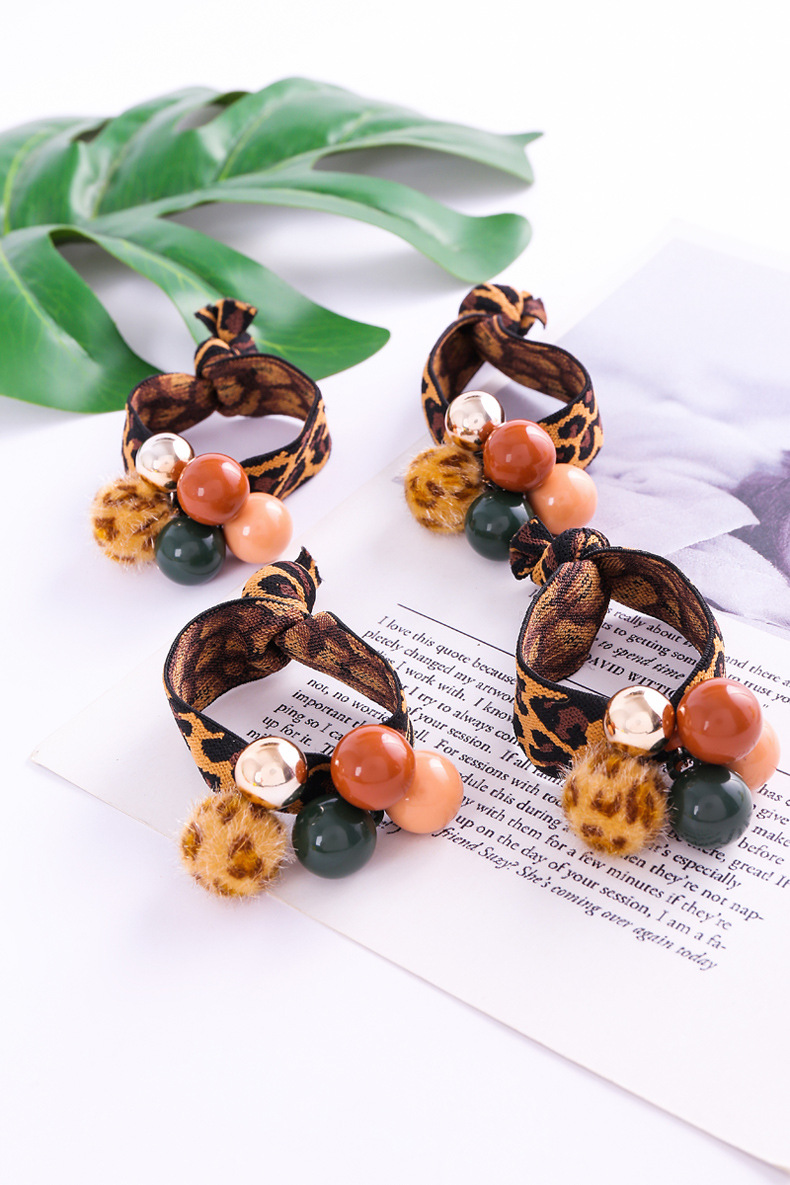 秋冬新款韩版发饰宽边豹纹五珠发圈高弹性粗款扎头绳两元店货源