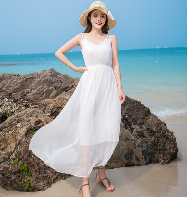 芭碧尔波西米亚v领松紧腰纯白色真丝长裙桑蚕丝连衣裙沙滩裙58033