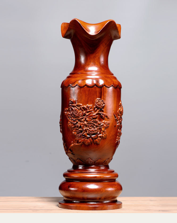 花梨木雕装饰落地花瓶摆件客厅插花家居复古花开富贵红木工艺礼品