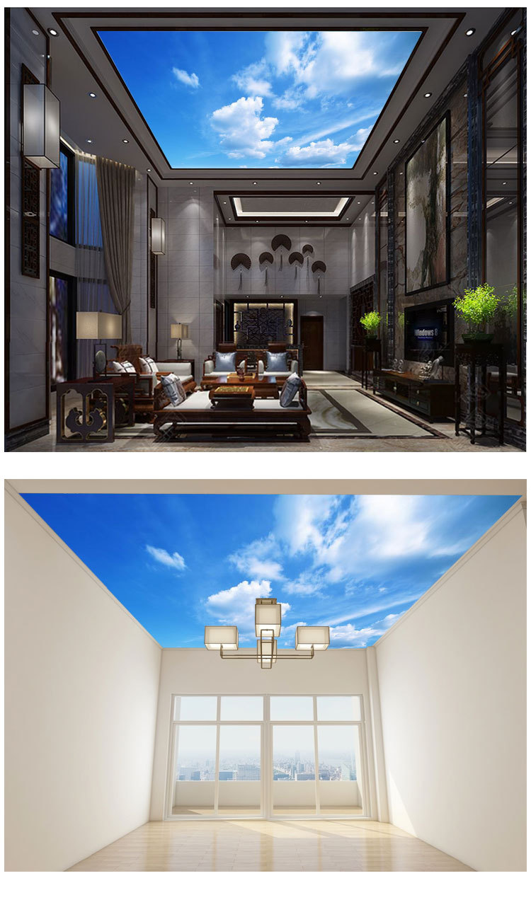 个性3d立体卧室棚顶壁画客厅蓝天白云天空天花板房顶吊顶墙纸墙布