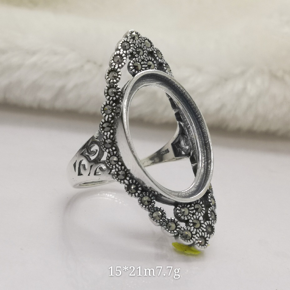 925纯银复古泰银戒指空托女戒托diy镶玉石蜜蜡松石活口15*21