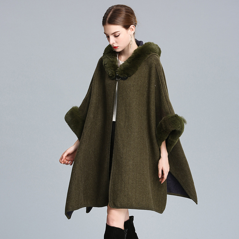 203# European and American Autumn and Winter New Imitation Rex Rabbit Fur Collar Hood Shawl Cape Oversized Woolen Coat Loose Cardigan for Women
