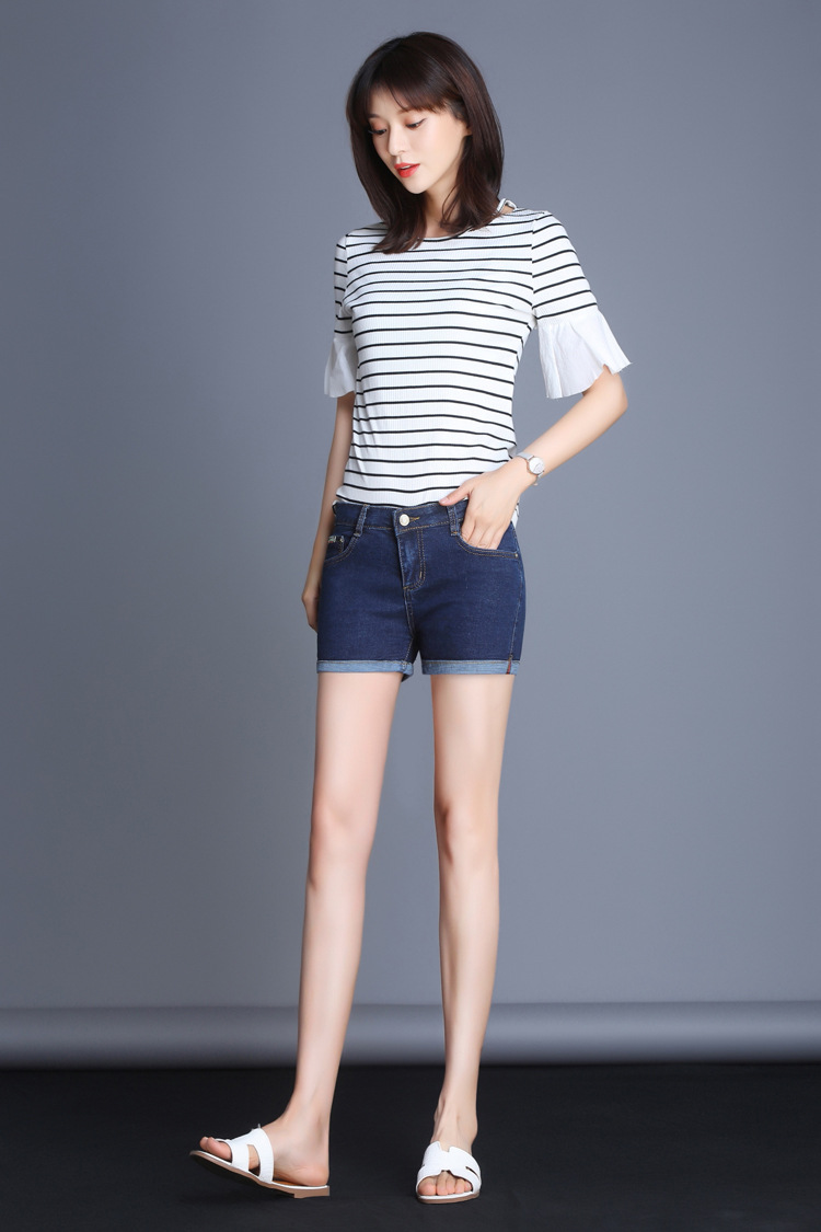 2019夏装新品翻边弹力紧身提臀牛仔短裤 休闲百搭女士热裤 潮