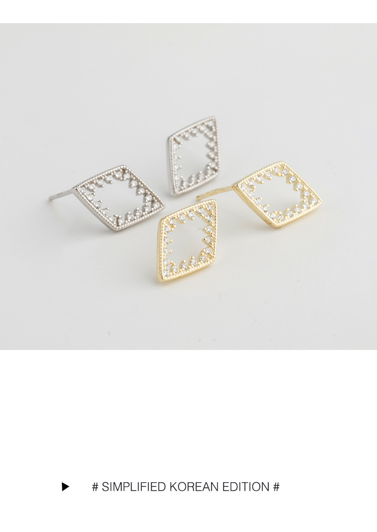 日韩风新款s925纯银耳钉女生个性简约镶钻菱形银耳饰潮流气质耳针