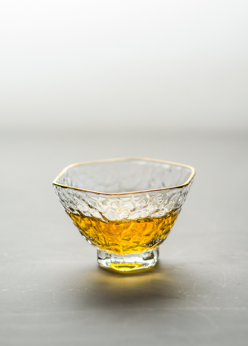 景德镇玻璃花茶杯小水杯子品茗杯功夫茶具透明耐热描金边锤纹圆杯