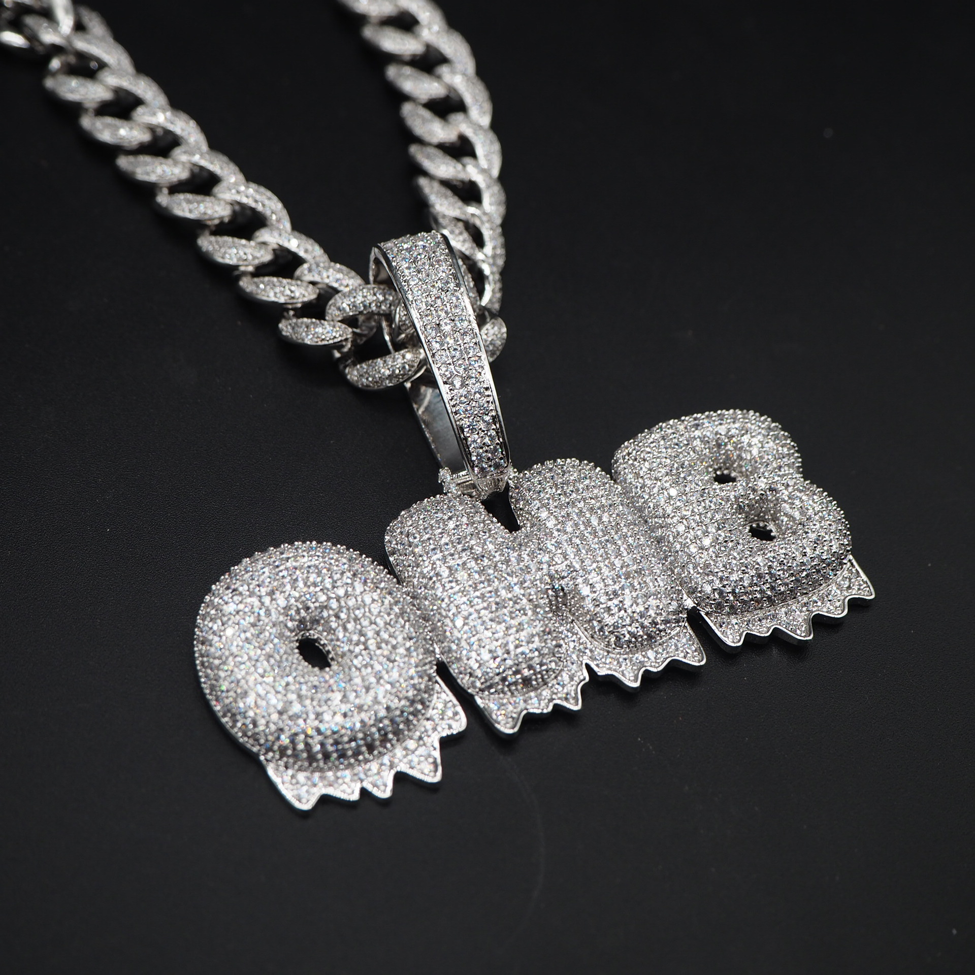 水滴熔浆字母嘻哈吊坠项链可拼接rapper说唱男士潮人锆石闪亮