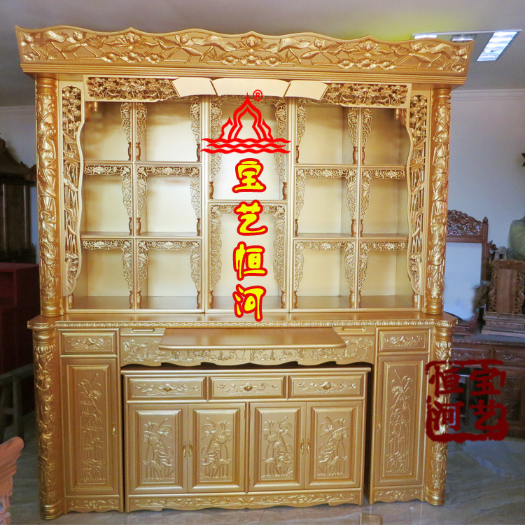 藏式佛龛(金色莲花柱套柜佛台)密宗佛堂供台 家用佛柜生产定做