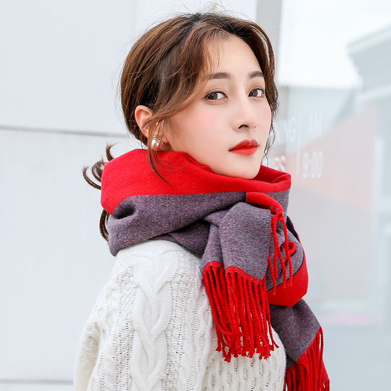 Cashmere Scarf Winter British Style Double-Sided Two-Color Long Tassel Shawl Check Pattren All-Match Scarf for Women Autumn and Winter