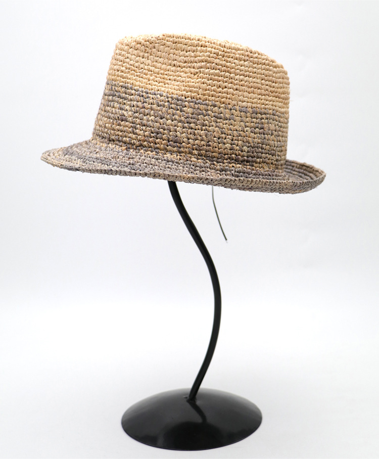 定制英伦男士女士拉菲草混色是手编爵士帽卷边手工钩针小礼帽情侣