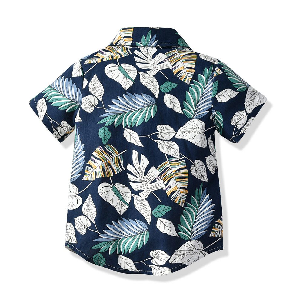 欧美童装新款男童翻领印花树叶短袖衬衫短裤儿童套装夏厂家批发