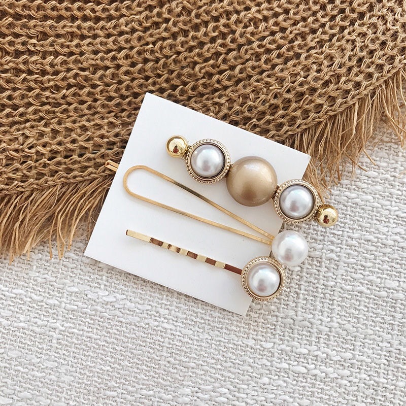 Japan and South Korea Internet Hot Ins Popular Three-Piece Barrettes Plaid Pearl Button Bang Side Clip Factory Direct Sales