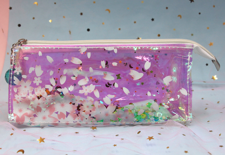 现货韩版镭射透明笔袋亮片流沙笔盒小清新文具盒反光少女文具批发