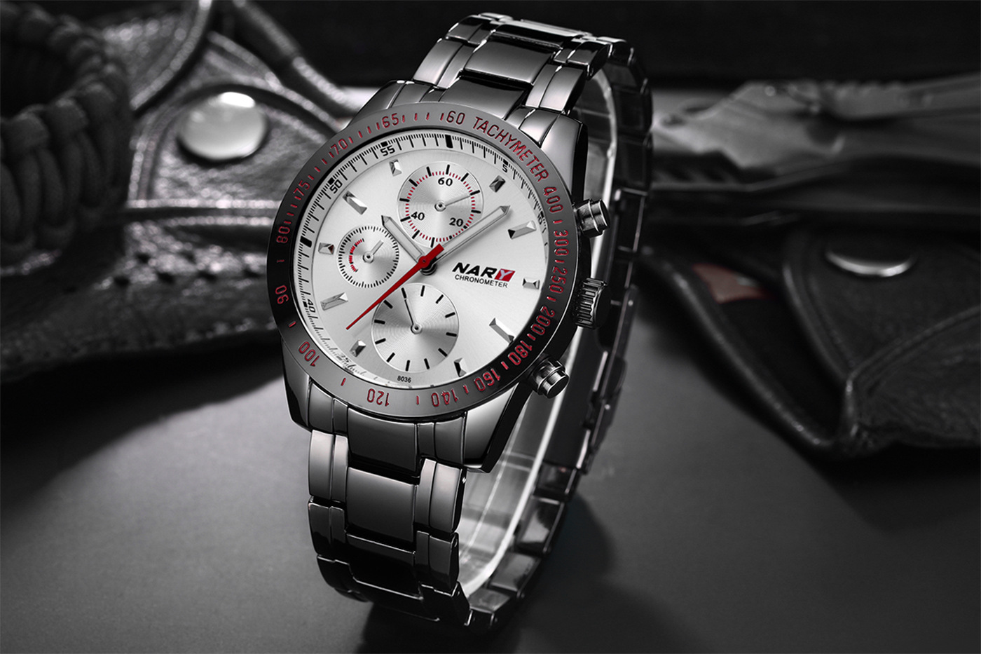 nary/耐瑞 新款正品男士手表商务时尚三眼防水钢带石英表厂家直销