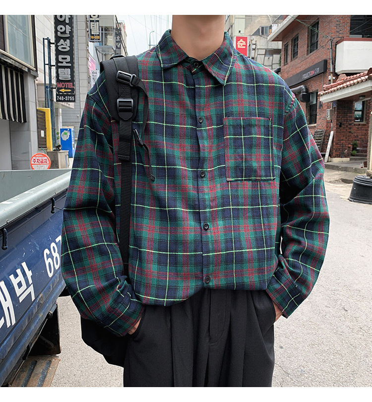 2019新款日系大码男装衬衫男士休闲磨毛格子衬衣宽松长袖上衣服潮