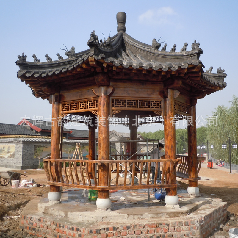 厂家承接古建六角凉亭 松木实木亭子 中式园林景观仿古凉亭北京