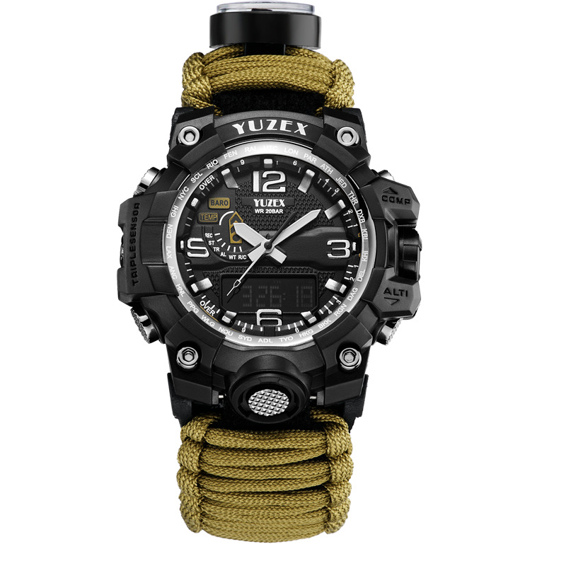 户外登山野营应急装备手表七芯伞绳多功能深度防水救生手表