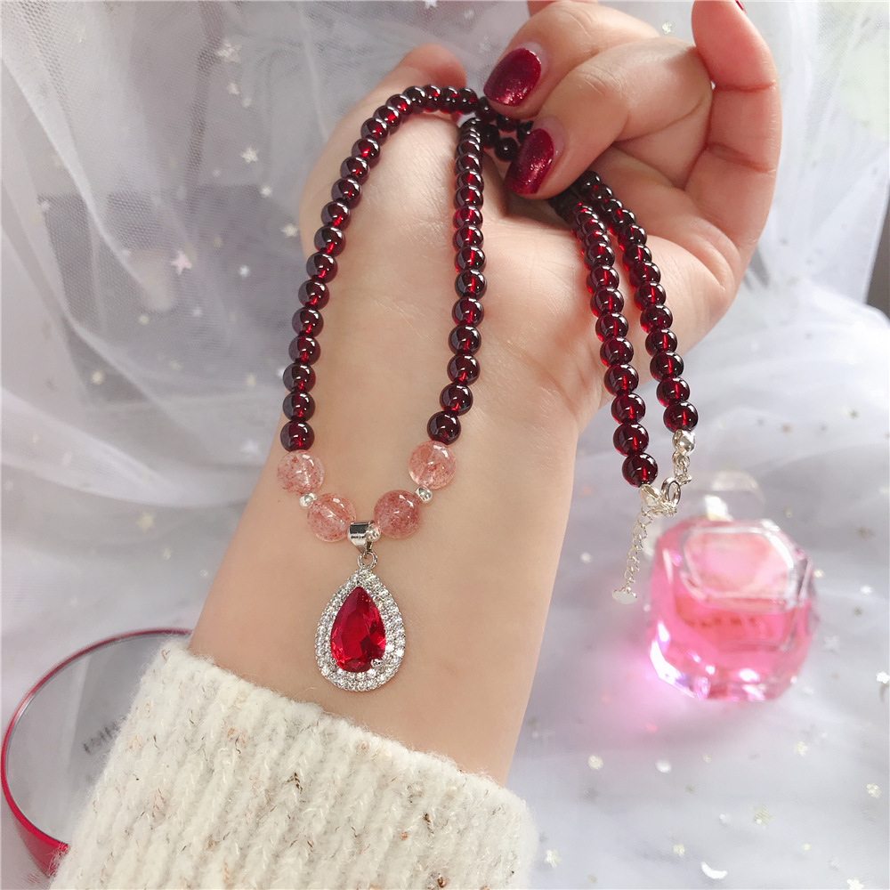 新款天然石榴石项链红锆石微镶水滴吊坠毛衣链锁骨链节日礼物批发
