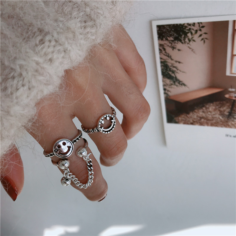 韩国东大门可爱笑脸双层流苏戒指925纯银复古开口个性泰银指环女