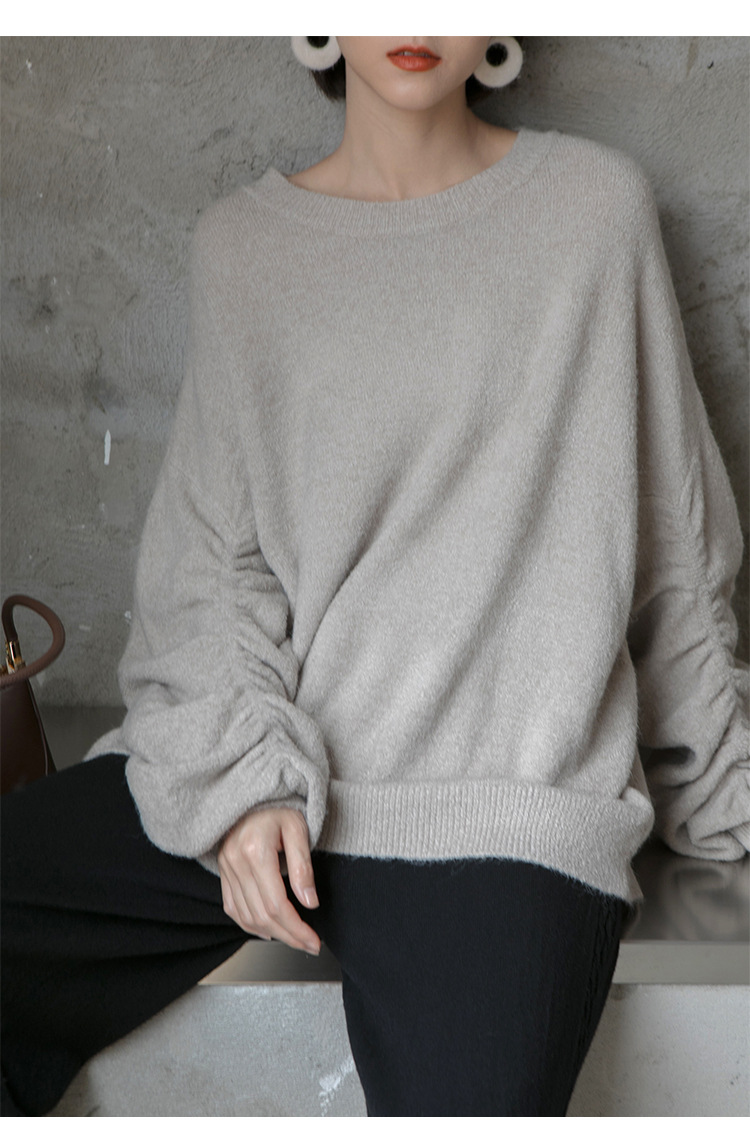 清仓2019韩版秋冬季简约网红圆领宽松纯色中长褶皱长袖毛衣女y016