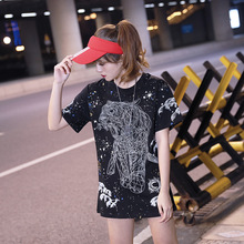 香港潮牌星空老虎印花T恤2019新款女装中长款下半身失踪宽松短袖
