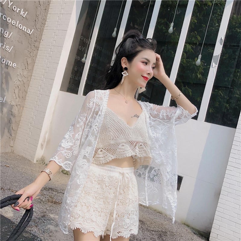 2019夏季度假风性感小吊带胸衣海边沙滩系带镂空防走光蕾丝比基尼