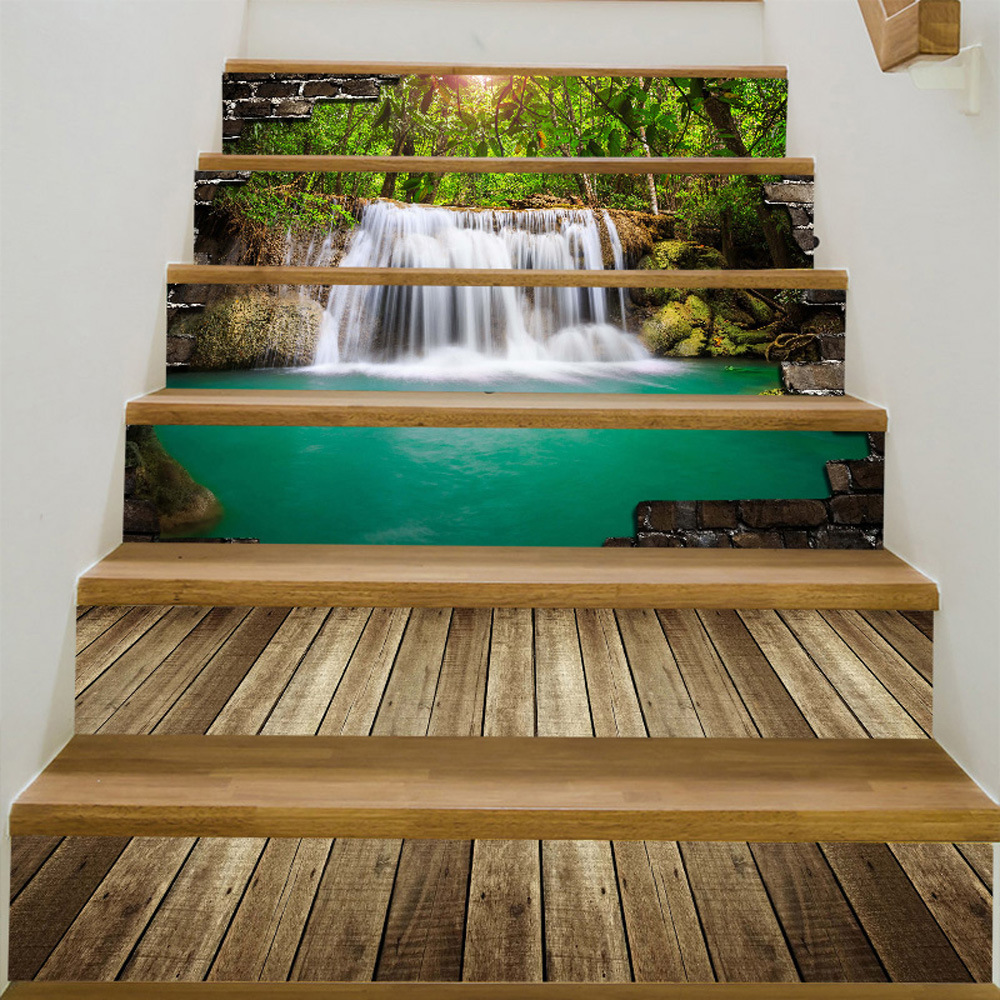 艺希3d自粘墙画6片楼梯贴树林瀑布跨境货源亚马逊货源速卖通爆款