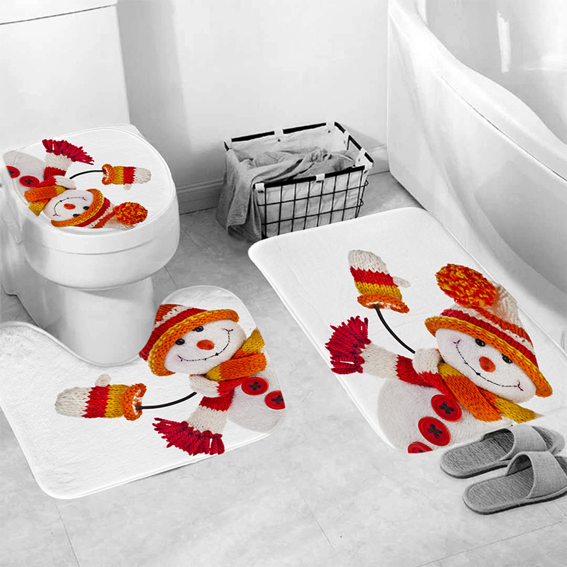 Cross-Border E-Commerce Supply Christmas Scarf Couple Snowman 3D Digital Printing Waterproof Shower Curtain Bathroom Four-Piece Set