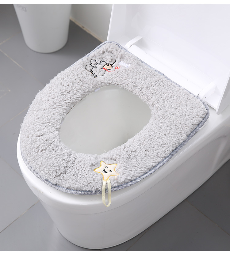 带提手羊羔绒绣花马桶垫家居家用冬季坐便套加厚粘贴式马桶坐垫