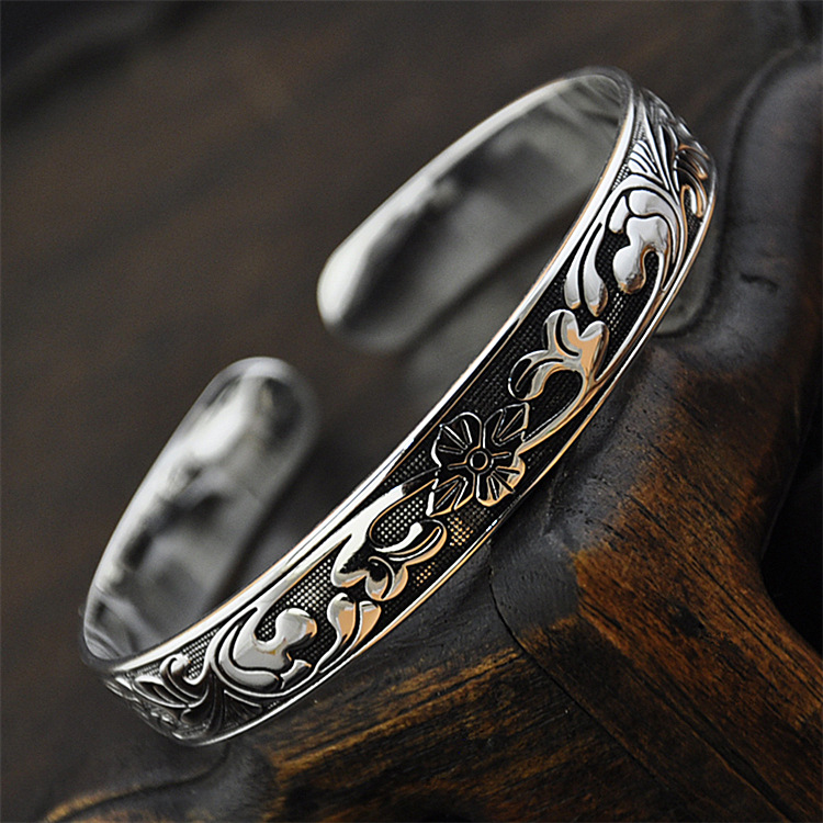 热销复古泰女黑色时尚银手环梅花藤叶时尚女镀银手镯女 批发