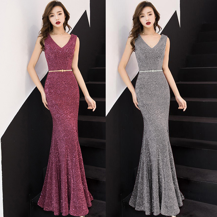 春女装2022性感低胸v领露肩主持人晚宴礼服裙修身包臀鱼尾连衣裙