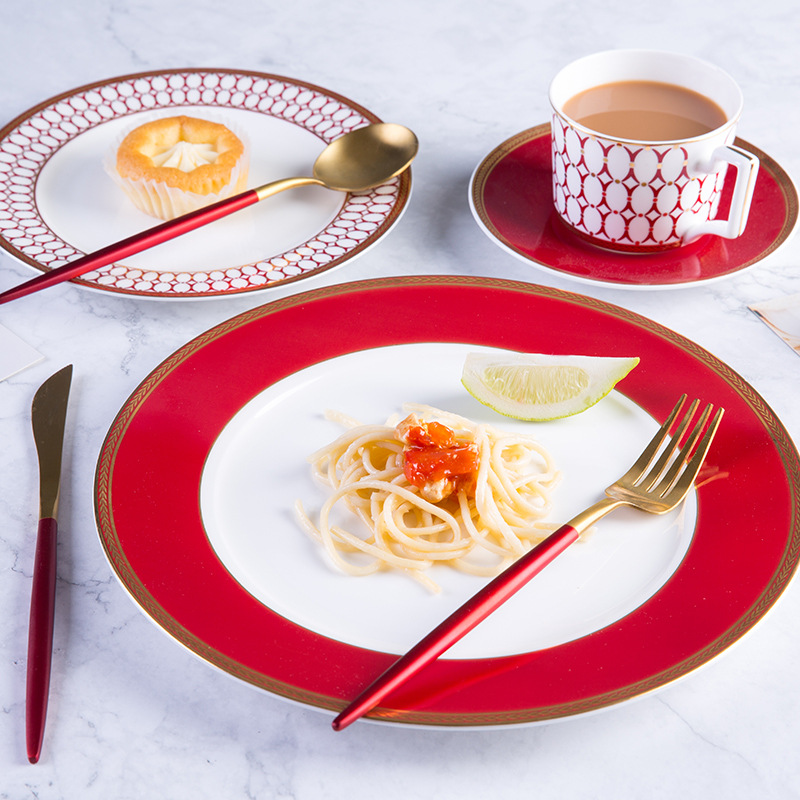 精美伍德红色餐具样板间摆台餐碟餐巾餐垫美式西餐盘套装牛排餐具