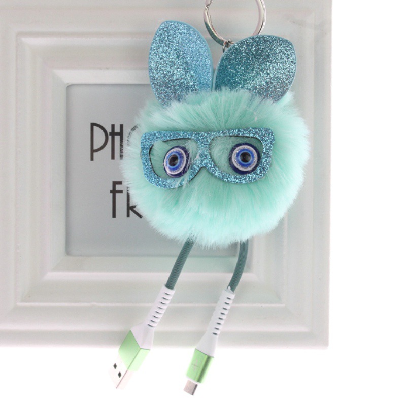 跨境出口产品安卓苹果毛绒毛球精灵充电数据线钥匙扣包包车载挂件