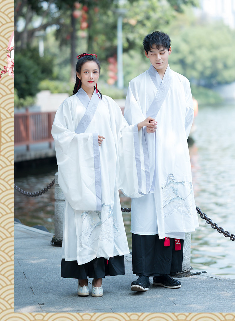 原创中国风汉服山水绣花交领长衫襦裙黑白大氅男女cp情侣套装