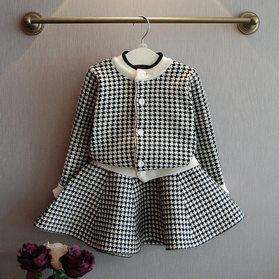 Girls' Spring and Autumn Houndstooth Knitting Suit 2020 Korean Children's Long-Sleeved Sweater Cardigan + Skirt Two-Piece Set