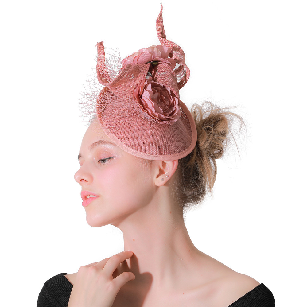 深皮粉亚马逊精品宴会网纱礼帽麻纱头饰新娘婚纱网纱羽毛一件代发