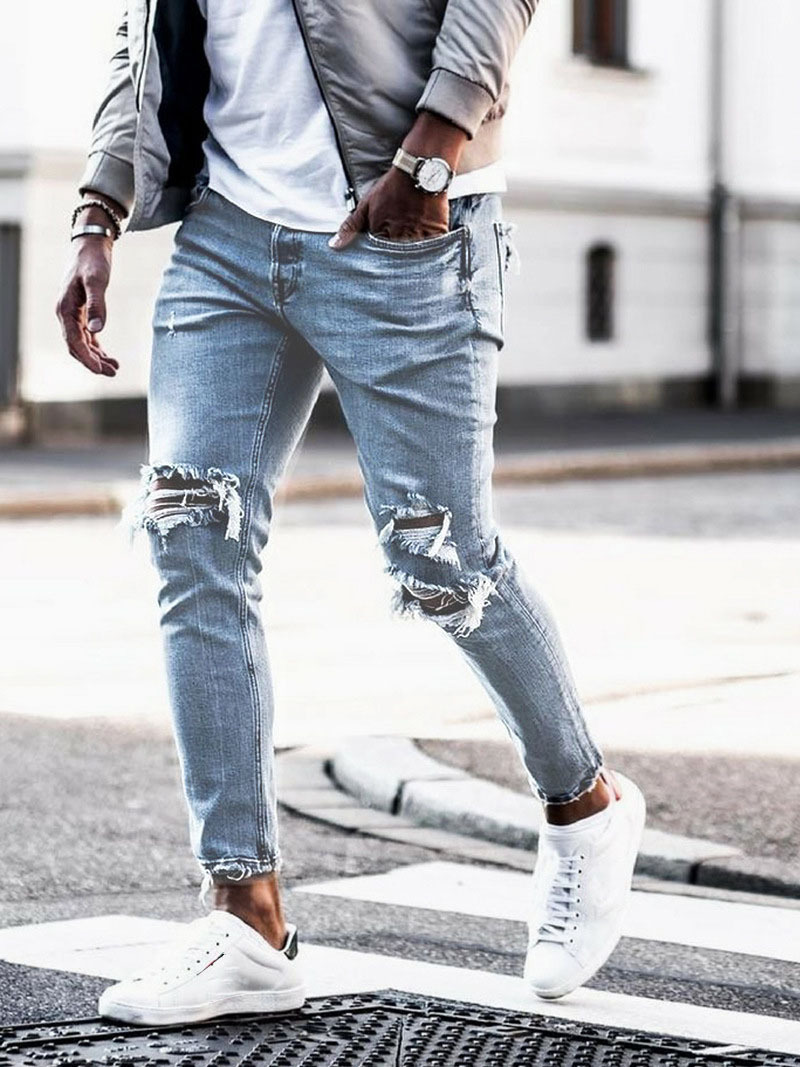 European Station Denim with Hole Men's Pants European and American Fall Slim Fit Slimming New Stretch Trousers Men's Skinny Pants
