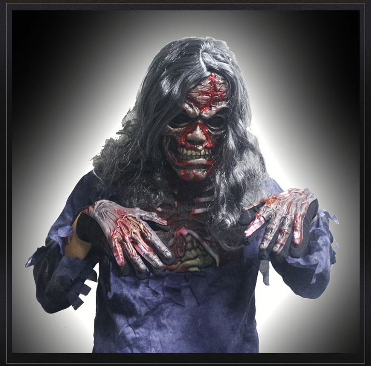 蓝色扎染丧尸服装 夜会长毛鬼怪服饰 万圣节尸怪恐怖僵尸鬼