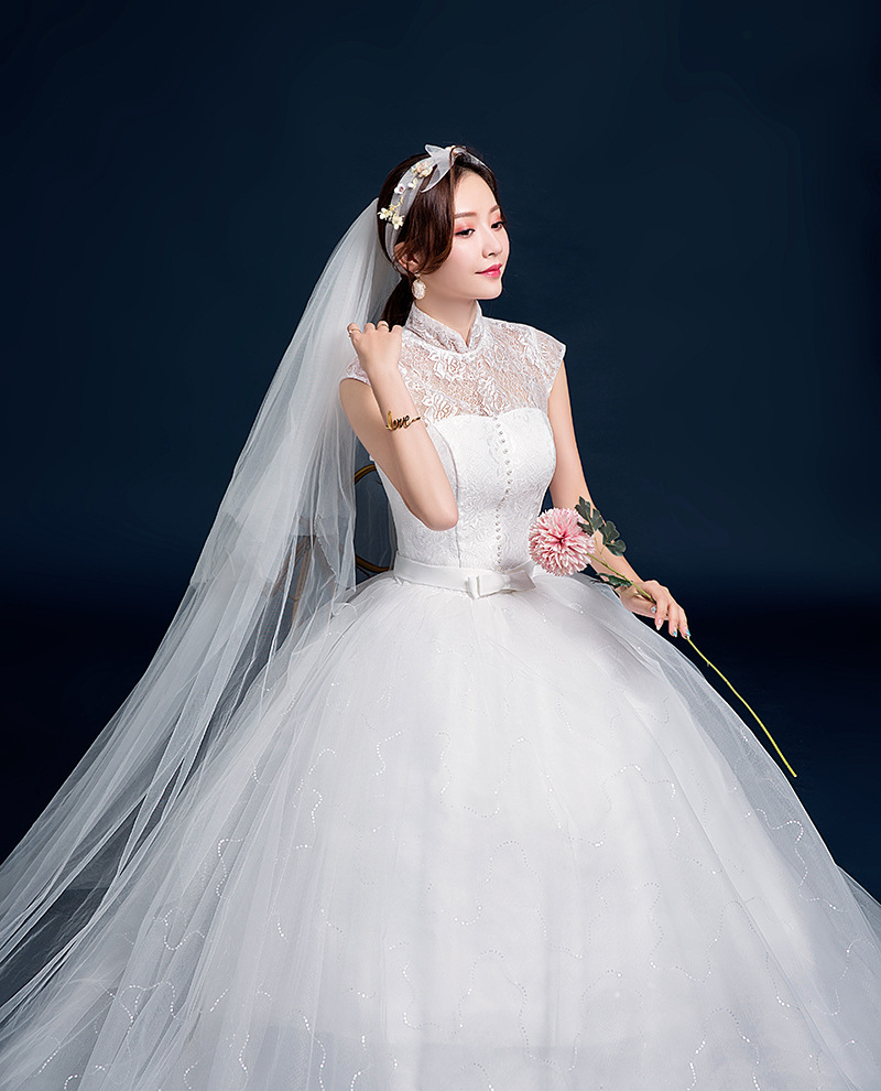 新娘结婚双肩包肩齐地婚纱清纯中式婚纱礼服古典白纱影楼拍照1942