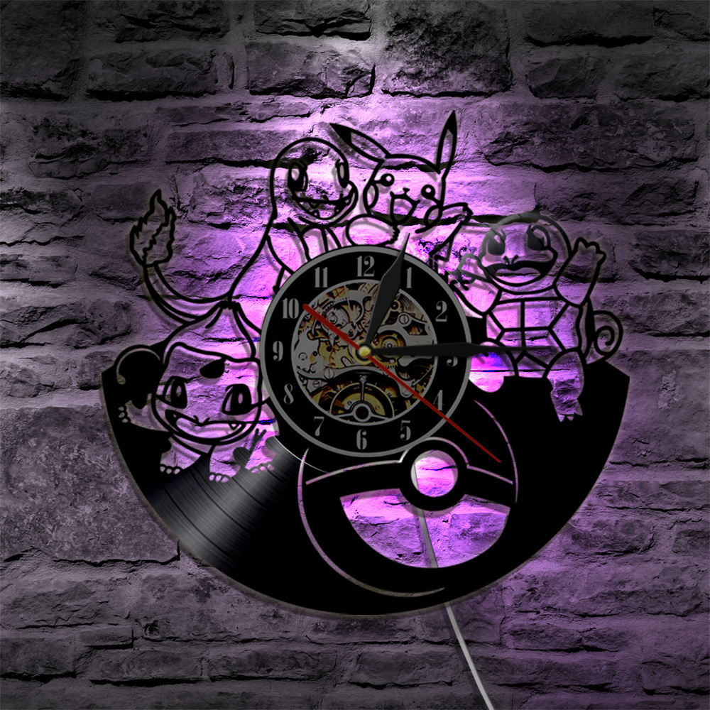 复古时钟卡通挂钟 镂空精灵宠物钟塑胶七彩小夜灯数字钟