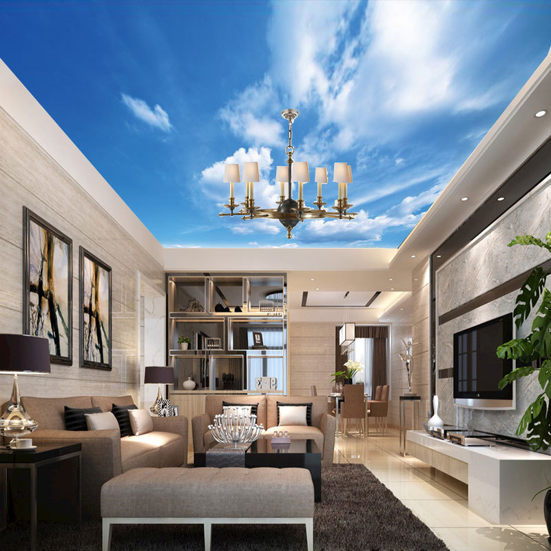 个性3d立体卧室棚顶壁画客厅蓝天白云天空天花板房顶吊顶墙纸墙布