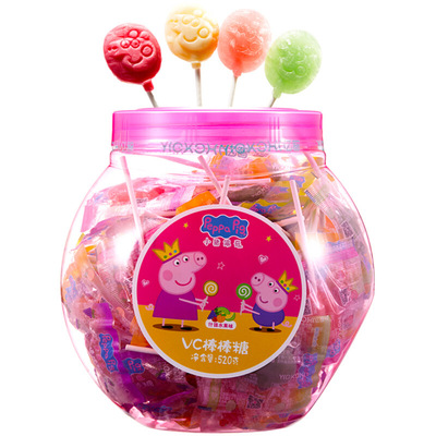 小猪佩奇 牛奶味棒棒糖520g桶约80支vc什锦水果味儿童零食品批发
