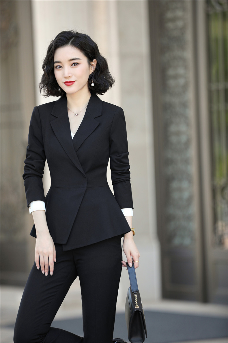 2019秋冬款职业套装女商务时尚气质韩版荷叶下摆修身小西服工作服