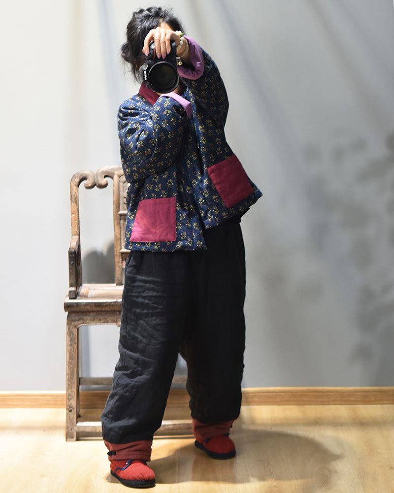 二丫/原创系带盘扣老花布棉袄 中式民族风文艺开衫棉服短款女棉衣